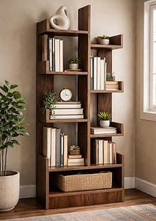 BrilliantJo Modern Zig-Zag Wooden Bookshelf | 8 Tier Floor Standing Book Shelf Organizer | Multipurpose Storage Rack for Books, Decor & Plants | Space Saving Display Shelf for Living Room