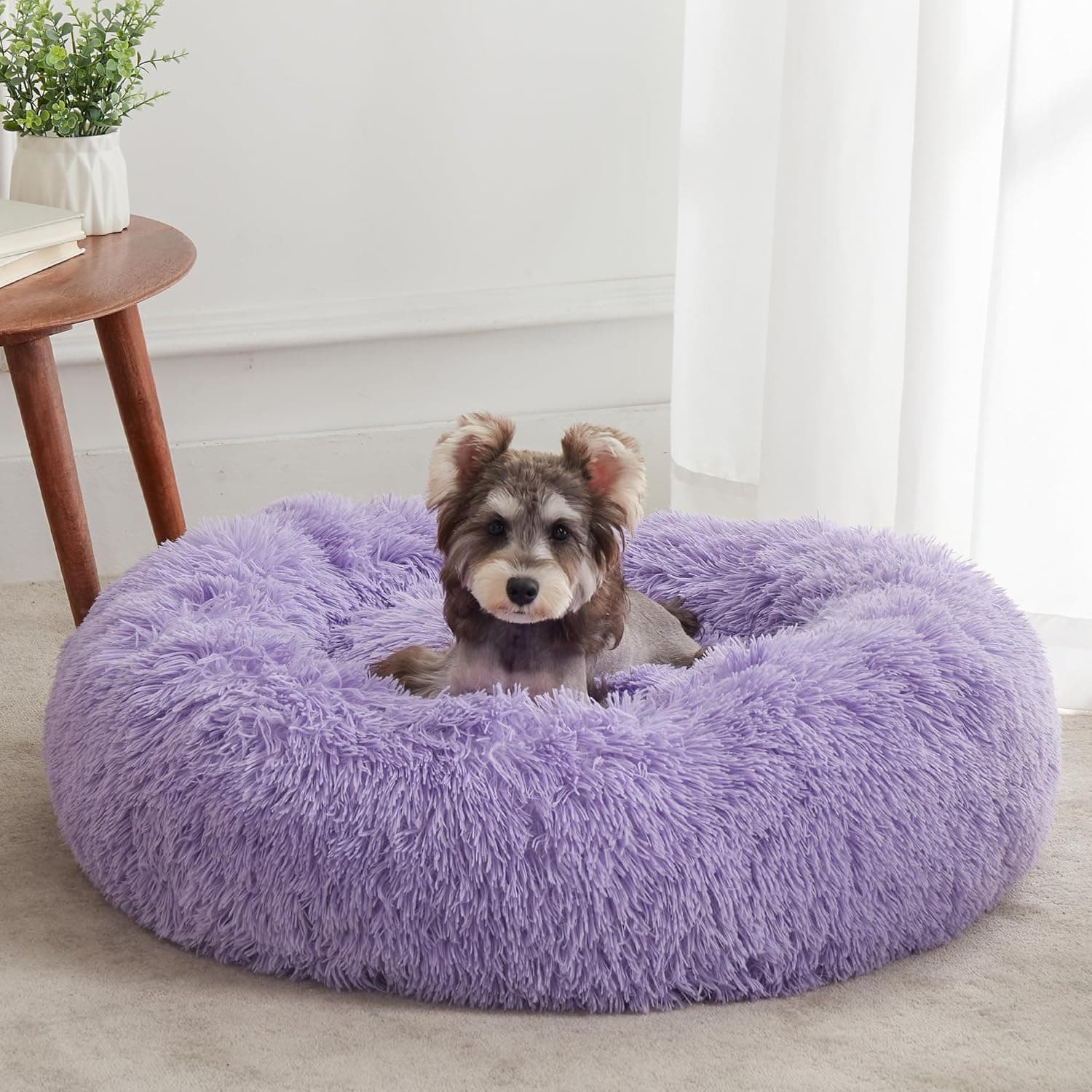 D&C PAWS Calming Dog & Cat Bed, Anti-Anxiety Donut Cuddler Warming Cozy Soft Round Bed with Fluffy Faux Fur, Plush Cushion for Small & Medium Dogs and Cats (Purple-24)