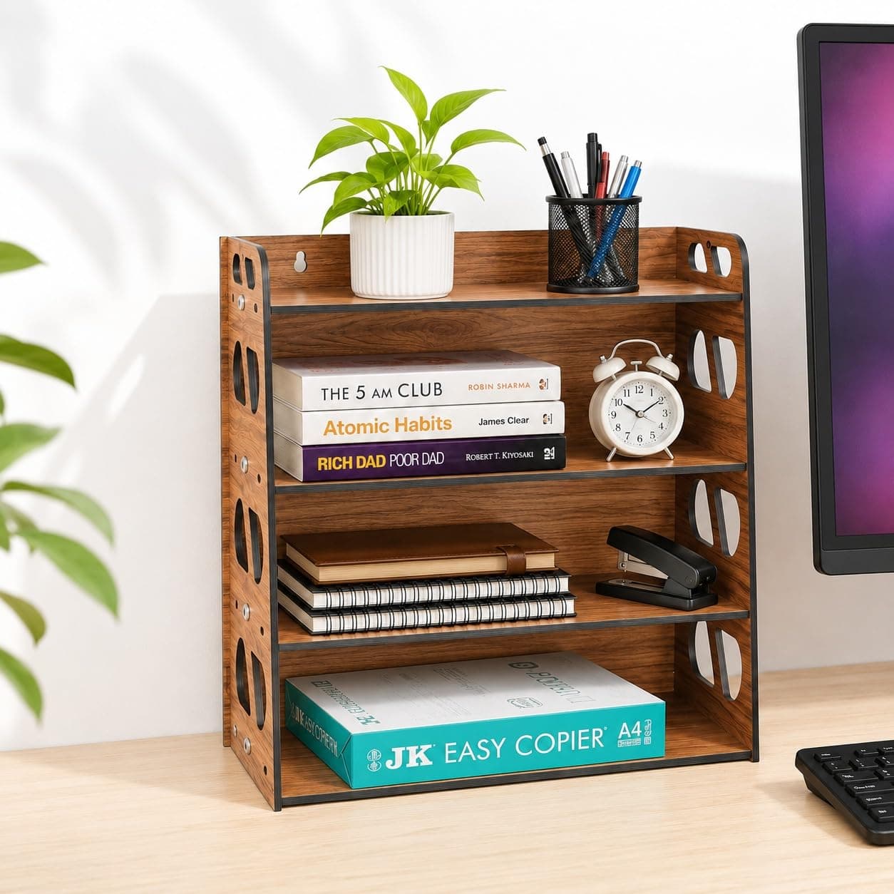 Gift Kya De GKD Bookshelf/Storage Shelves/Book Rack, 4-Tier Wooden Book Shelf for Home, Office Desk, Wall Mounted Bookshelf, Multipurpose eco-Friendly, Medium Size (DIY) Dark Wood