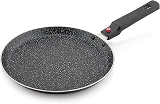 Amazon Brand - Solimo Aluminium Non-Stick Dosa Tawa with Detachable Handle| Granite Finish | Induction Base | Pfoa Free | High Temperature Resistant Exterior Coating | 25 Cm | Black