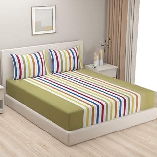Swayam 100% Cotton Double Bedsheet with 2 Pillow Covers | 240 TC Soft Breathable Bed Sheet | Striped Printed | Size 90 x 108 inch | Comfortable & Durable for Bedroom - Green