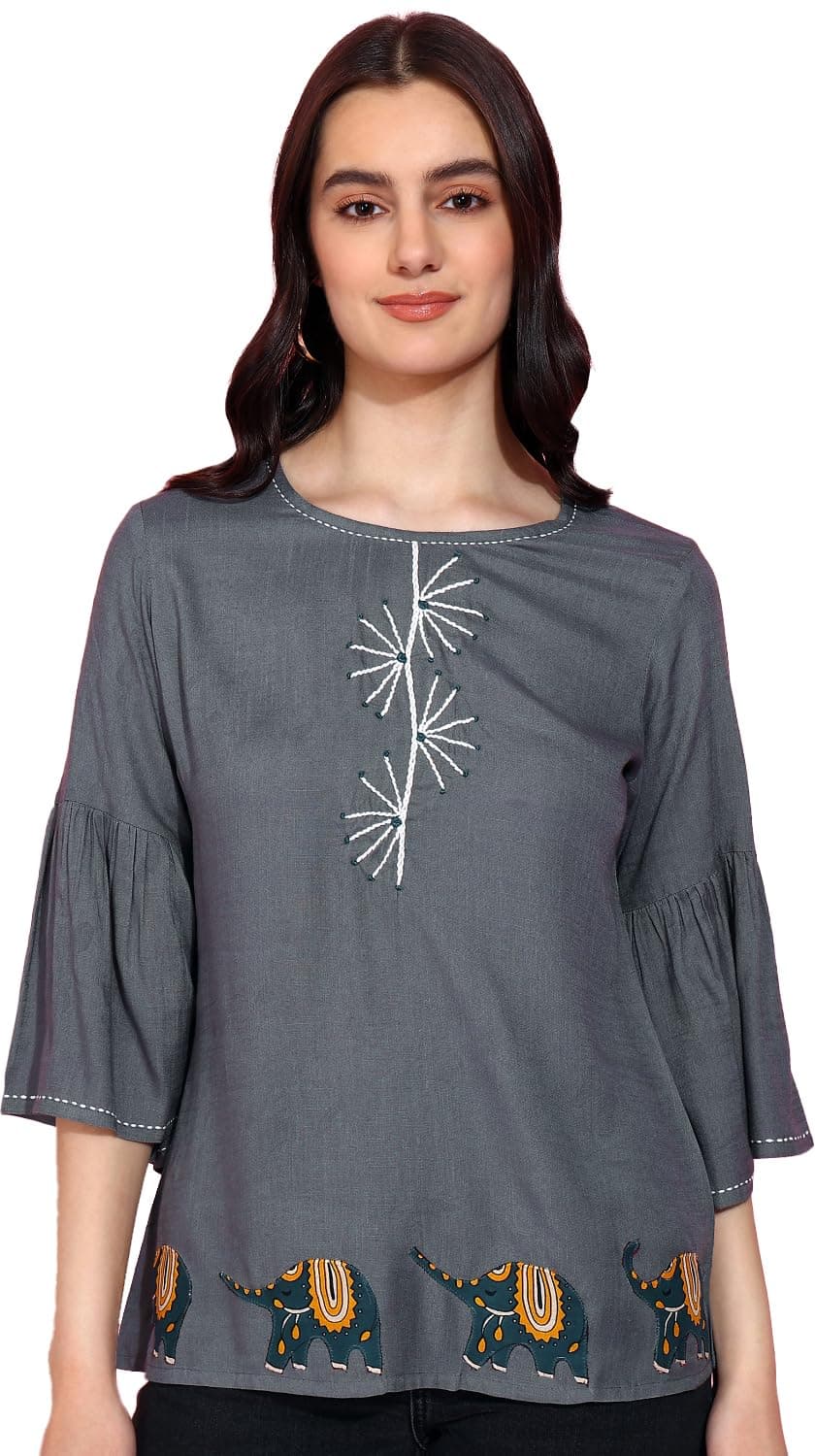 Yash Gallery Women's Cotton Patch Work Straight Top for Women