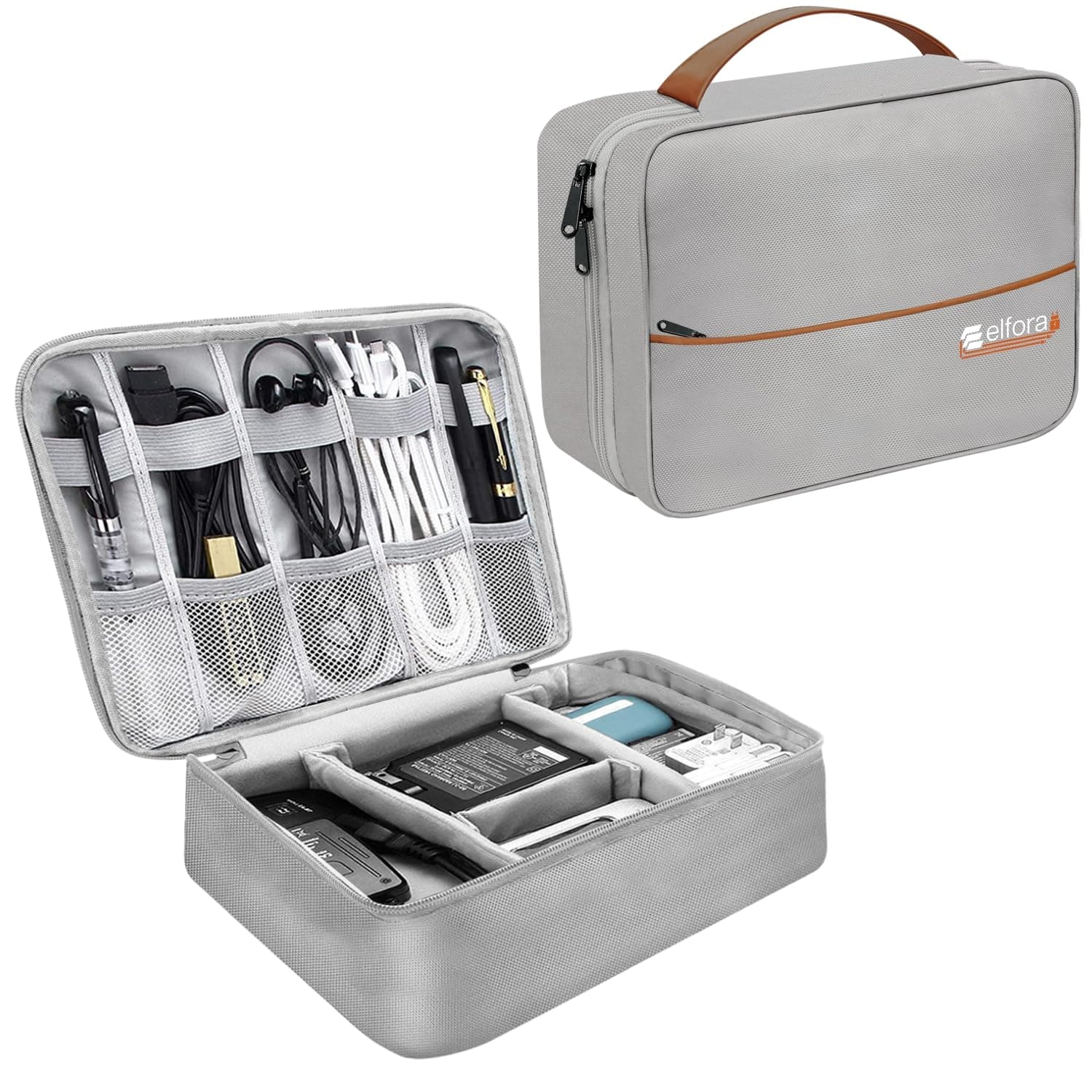 Elfora Electronics Gadget Organizer Bag | Travel Tech Accessories Case for Cables, Phone, USB Charger, Earphone & Power Bank | Multi-Purpose Storage Pouch with Mesh Pockets & Handle Carry Strap (Grey)