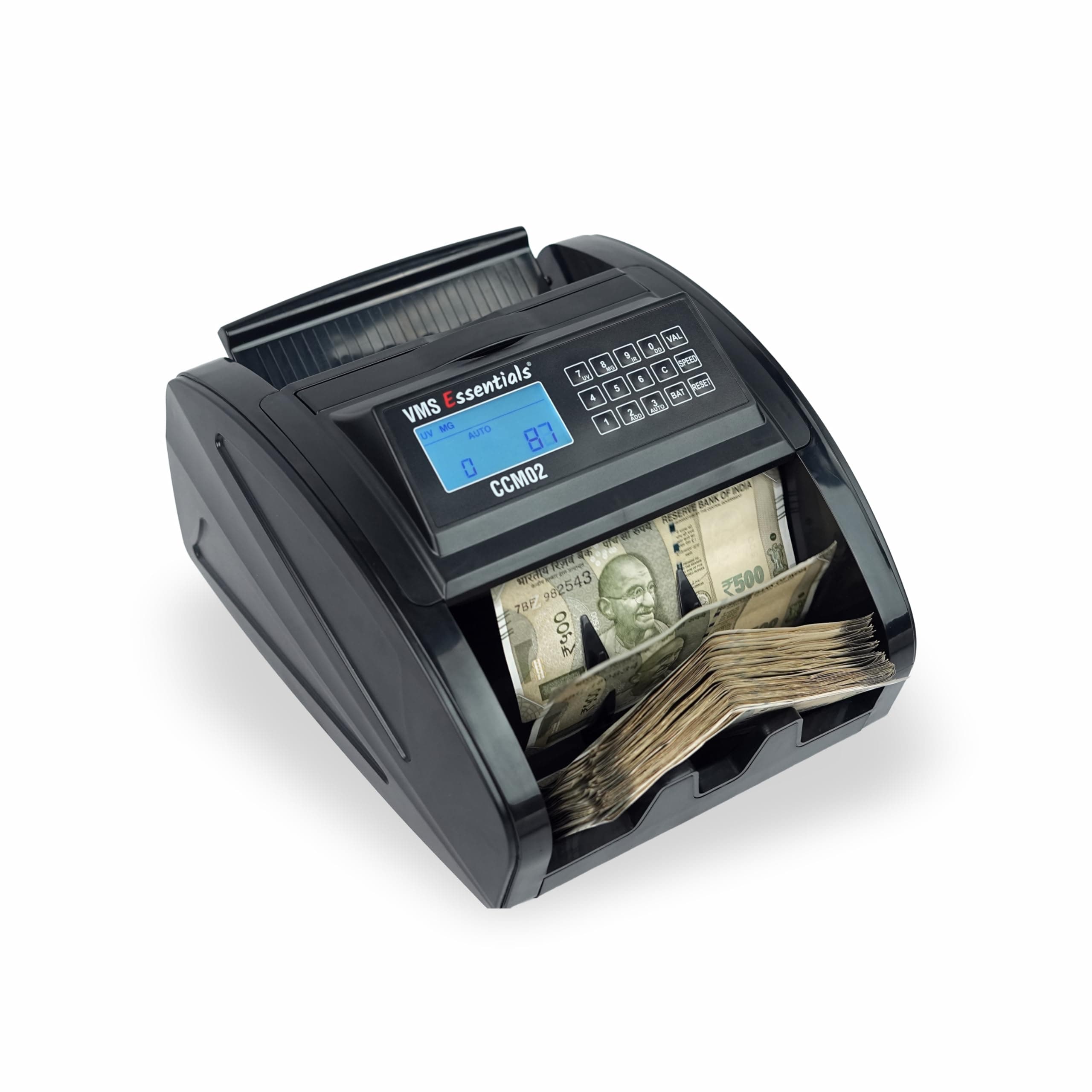 VMS Essentials CCM02 Semi Value Business-Grade Currency Counter - High-Tech Counterfeit Detection with UV, MG, and IR Sensors,1000-1500 Notes/Min and 1 Year offsite Warranty.