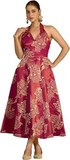PURVAJA Women's Fit and Flared Midi Length Sleeveless Halter Neck Emblished Dress