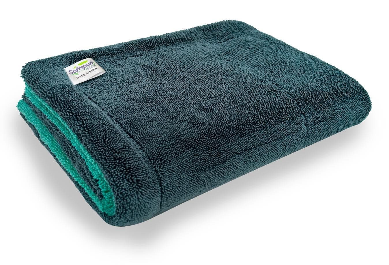 SOFTSPUN Microfiber Cloth for Car 1400 GSM 40x60 cms 1 Pc Aqua Blue/Grey | Twisted Loop Super Absorbent Towel - Edgeless Design with Plush Pile and Lint Free Cloth for Drying and Detailing.