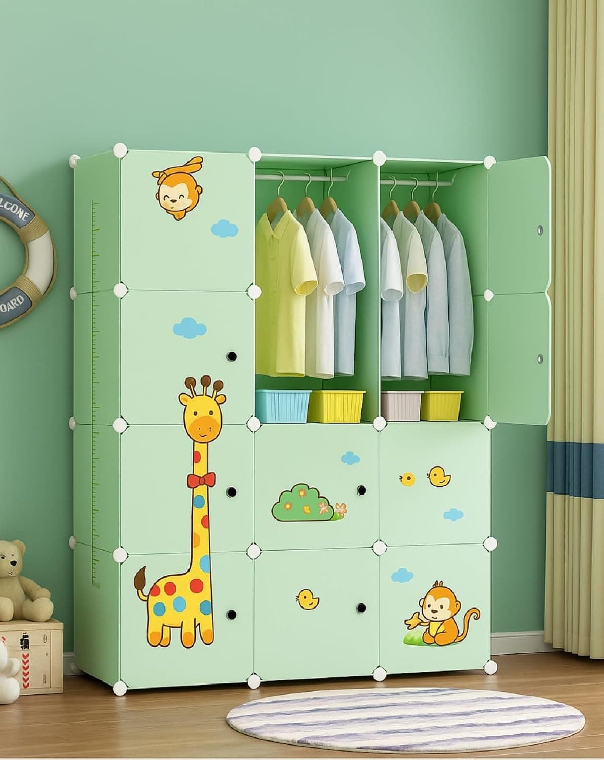 EXVITO 8 Door Kids Plastic Wardrobe for Clothes, Foldable Plastic Almirah for Clothes, Collapsible Wardrobe for Storage, Baby Cupboard for Clothes, Storage Rack for Kids - (Green, 12 Door)