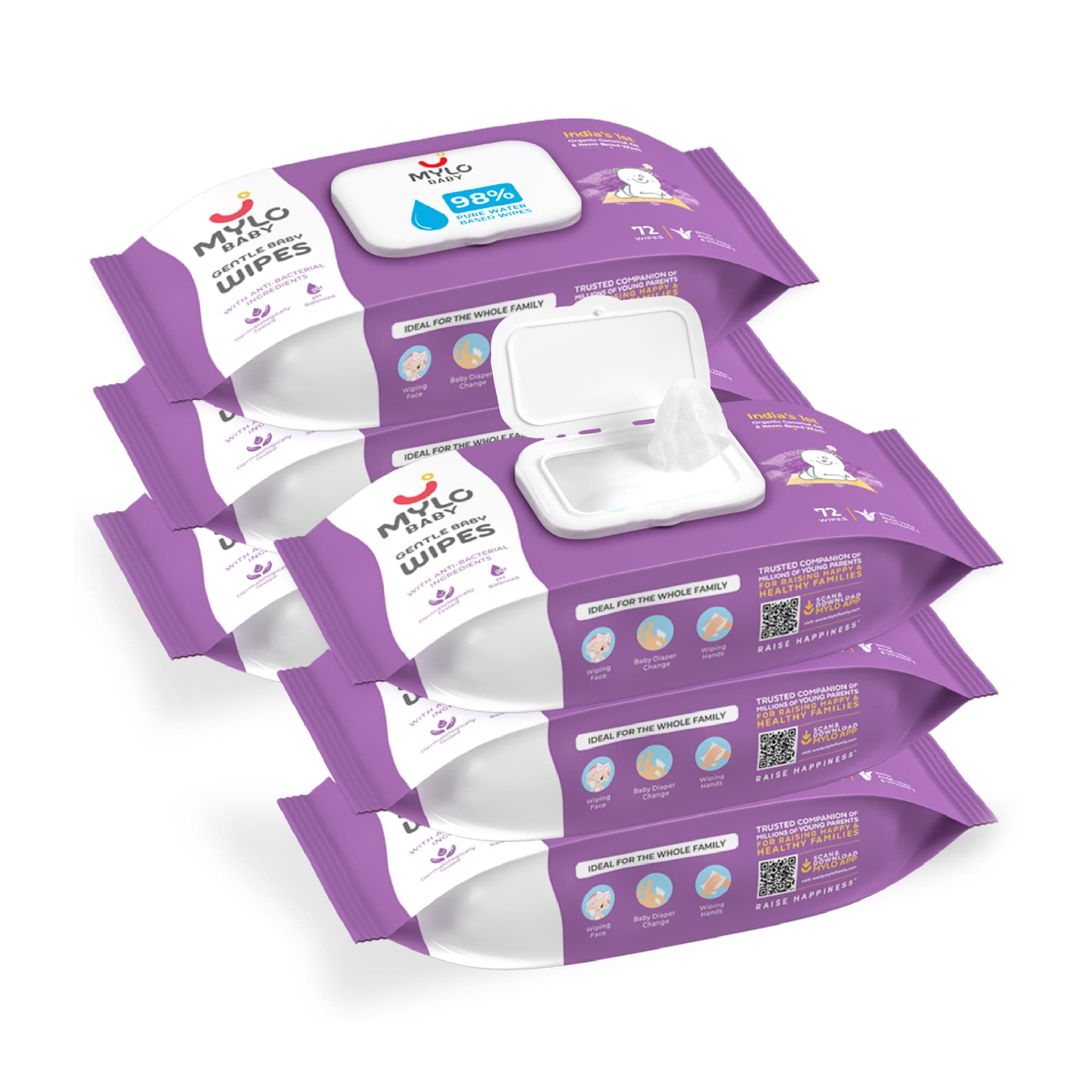 Mylo Baby Gentle Baby Wipes with Lid (72 Wipes, Pack of 6) | With Aloe Vera, Coconut Oil, Neem, & Vitamin E | 98% Pure Water | Dermatologically Tested | pH Balanced | Pack of 6