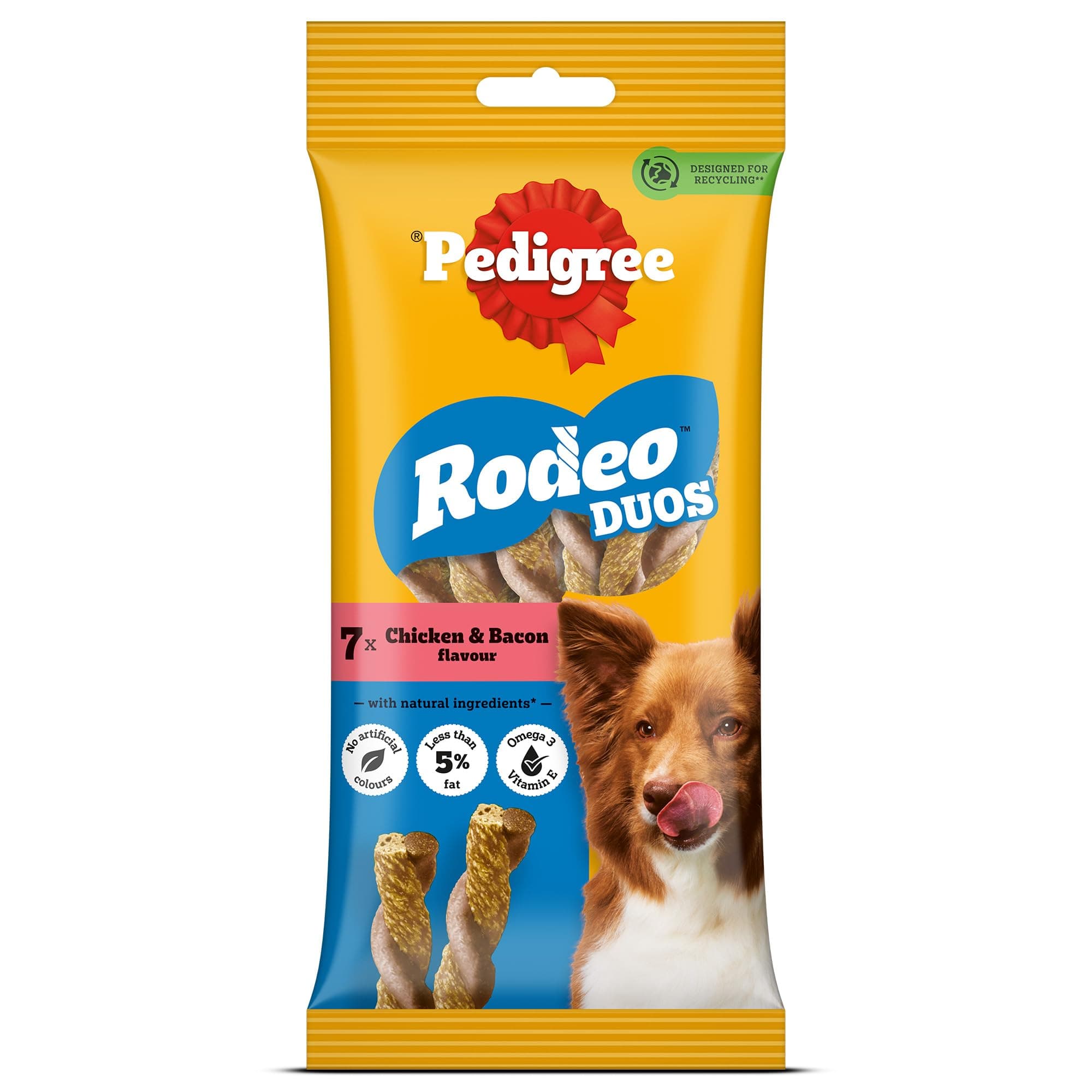 Pedigree Rodeo Duos (4+ Months) Dog Treats, Chicken & Bacon Flavour, 123 g, Low-Fat Treat, Contains Omega 3, Vitamin E & Calcium, Supports Strong Bones