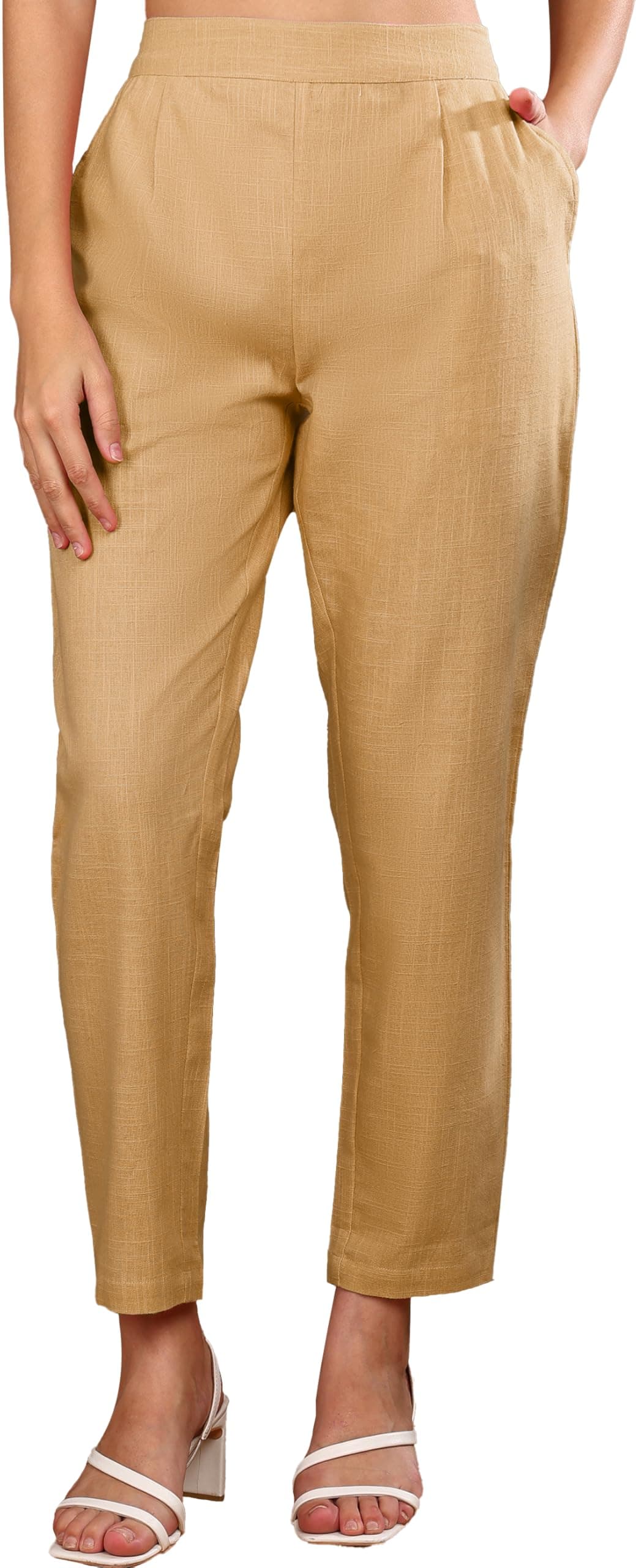 Yash Gallery Women's Regular Fit Mid Rise Solid Cotton Slub Ankle Length Regular Trouser Pant