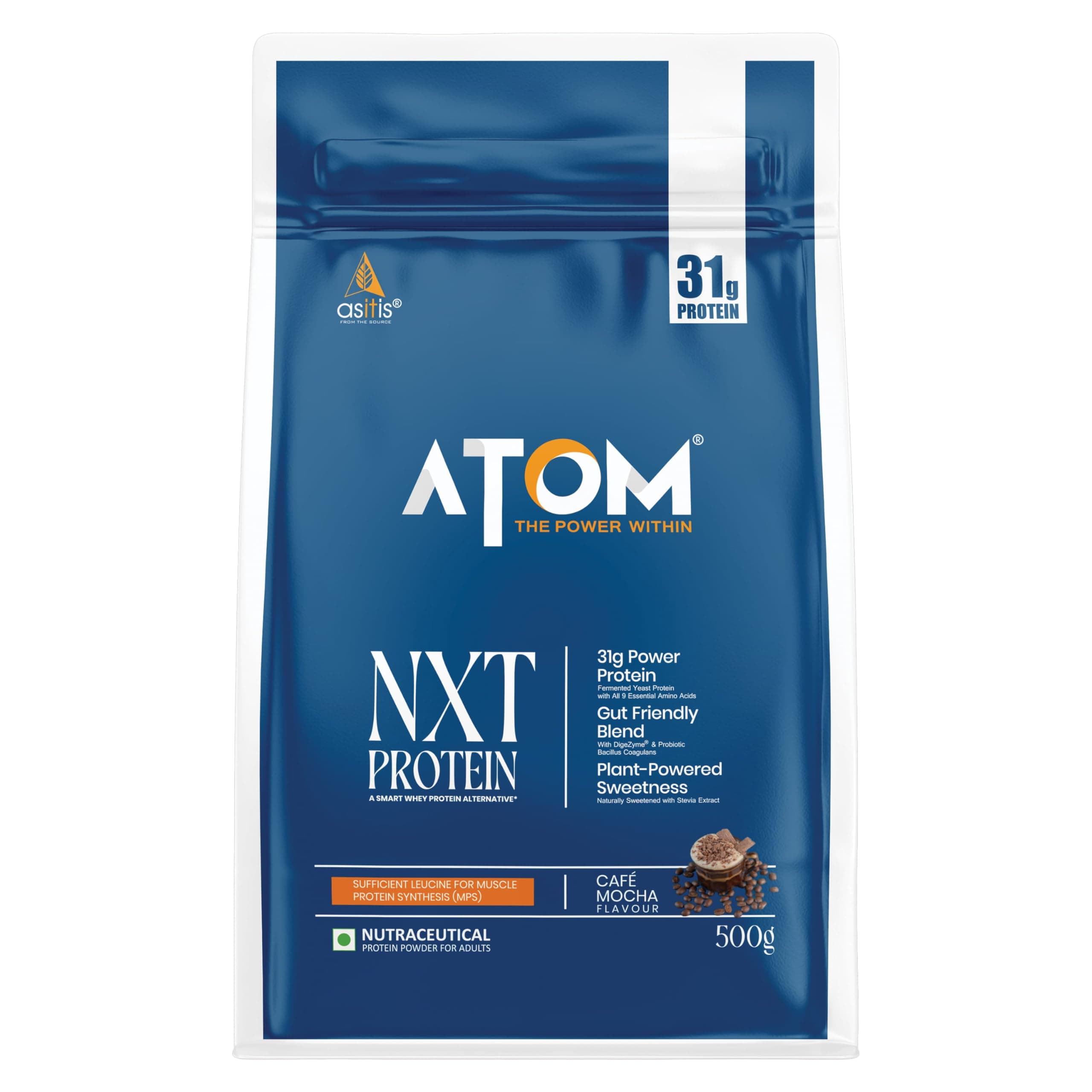 AS-IT-IS ATOM NXT Protein Cafe Mocha, 500g - 31g Muscle Fuel from Yeast Protein with DigeZyme® for Better Absorption, Balanced Amino Support for MPS Trigger, Supports Muscle Growth, Recovery & Strength