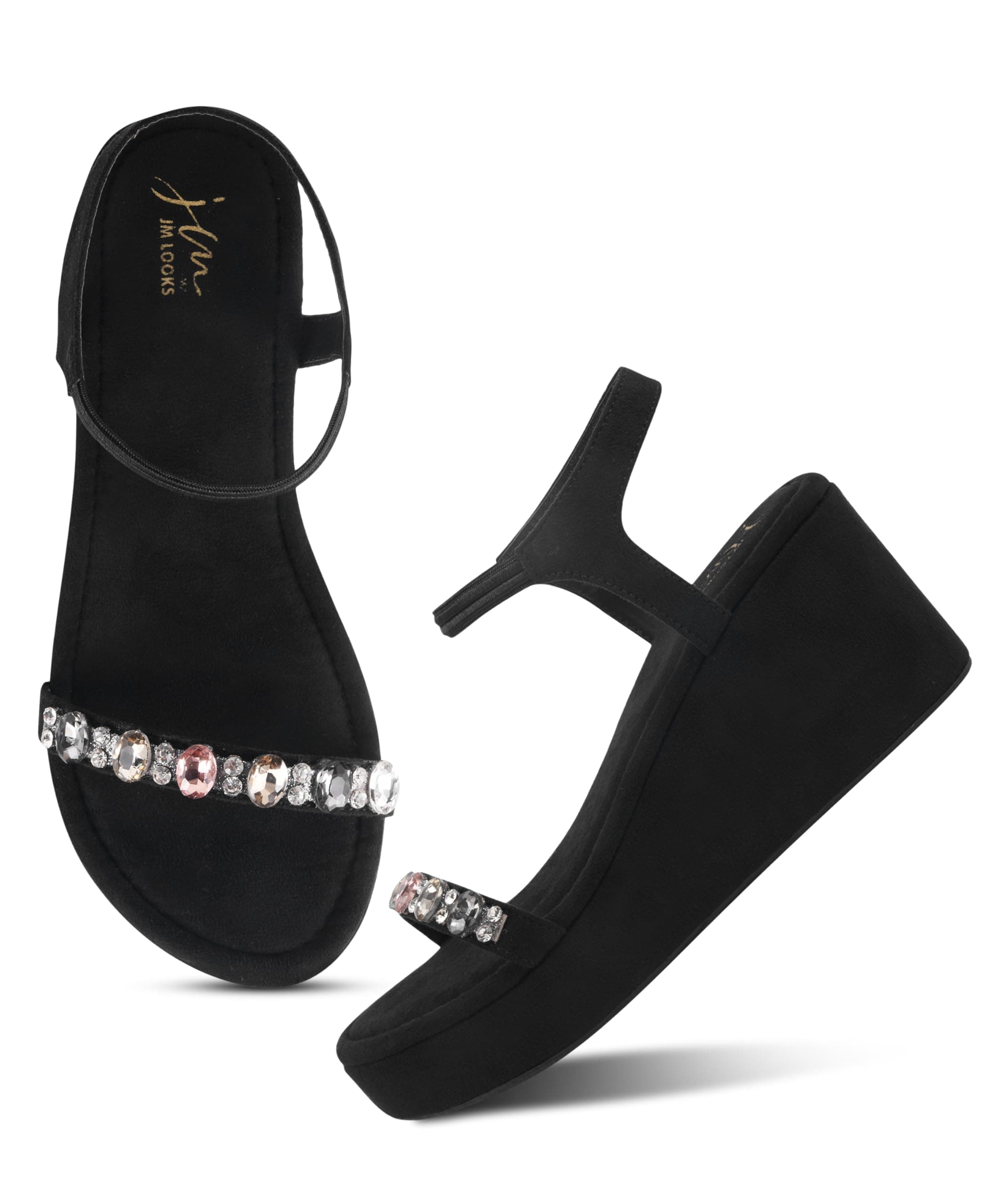 JM LOOKS Glamorous Wedge Platform Sandals Adorned with Sparkling Jewels