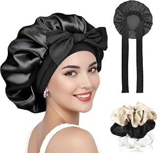 Silk Bonnet for Hair with 3 Scrunchies, Adjustable Hair Cap for Sleeping, Bonnet for Curly Hair with Wide Elastic Tie Band