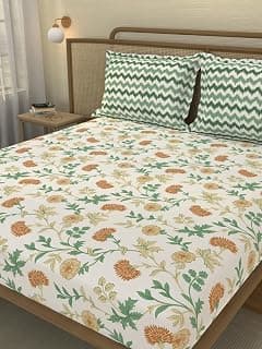 Portico New York Signature - Home & Harmony 144 TC Cotton Green Queen Bed Fitted Sheet with 2 Pillow Covers