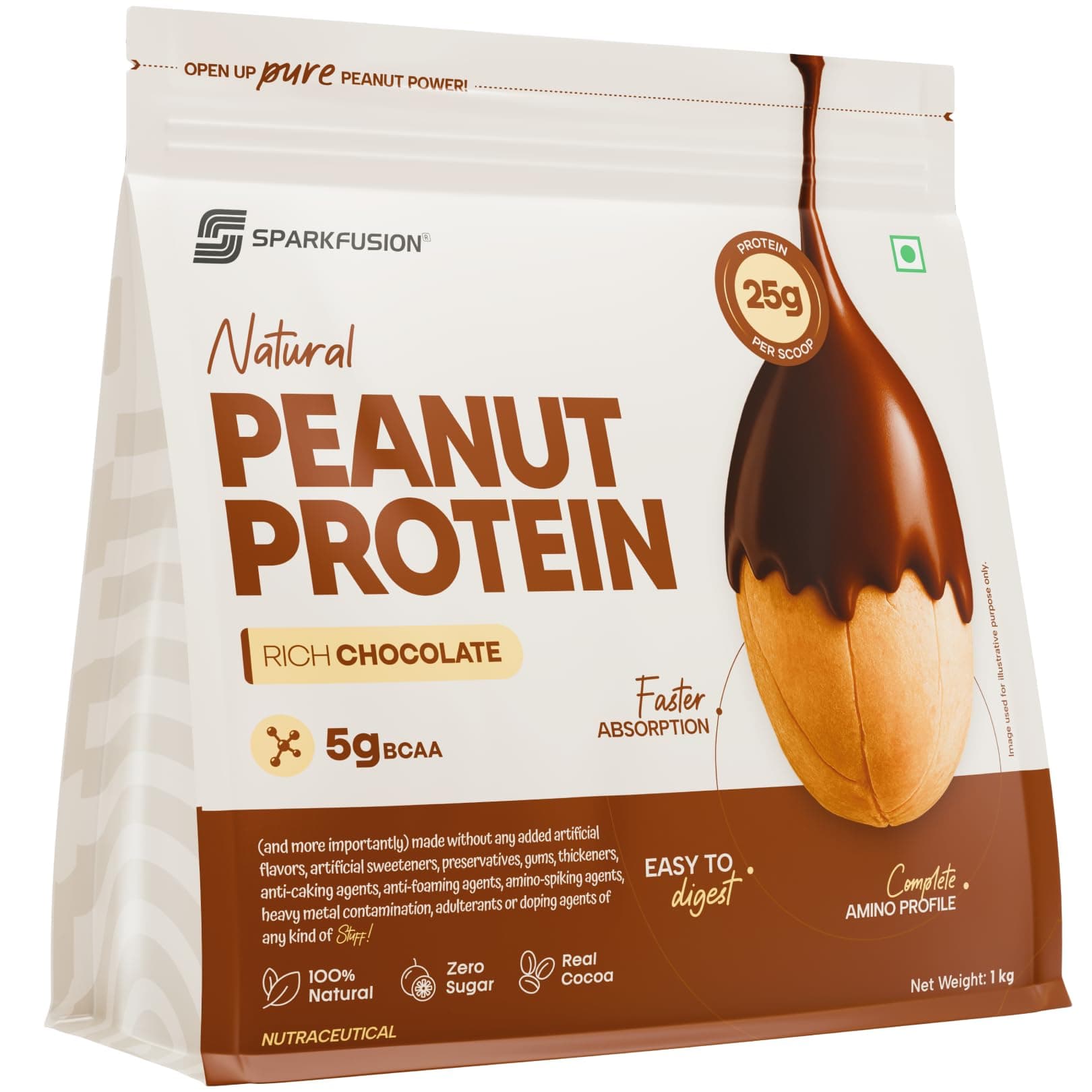 SparkFusion Natural Peanut Protein Isolate – Flavor – 25g Protein, 5g BCAA, Zero Sugar, Gut-Friendly, Vegan, Lab-Tested, No Artificial Additives (1 kg (Pack of 1), Rich Chocolate)