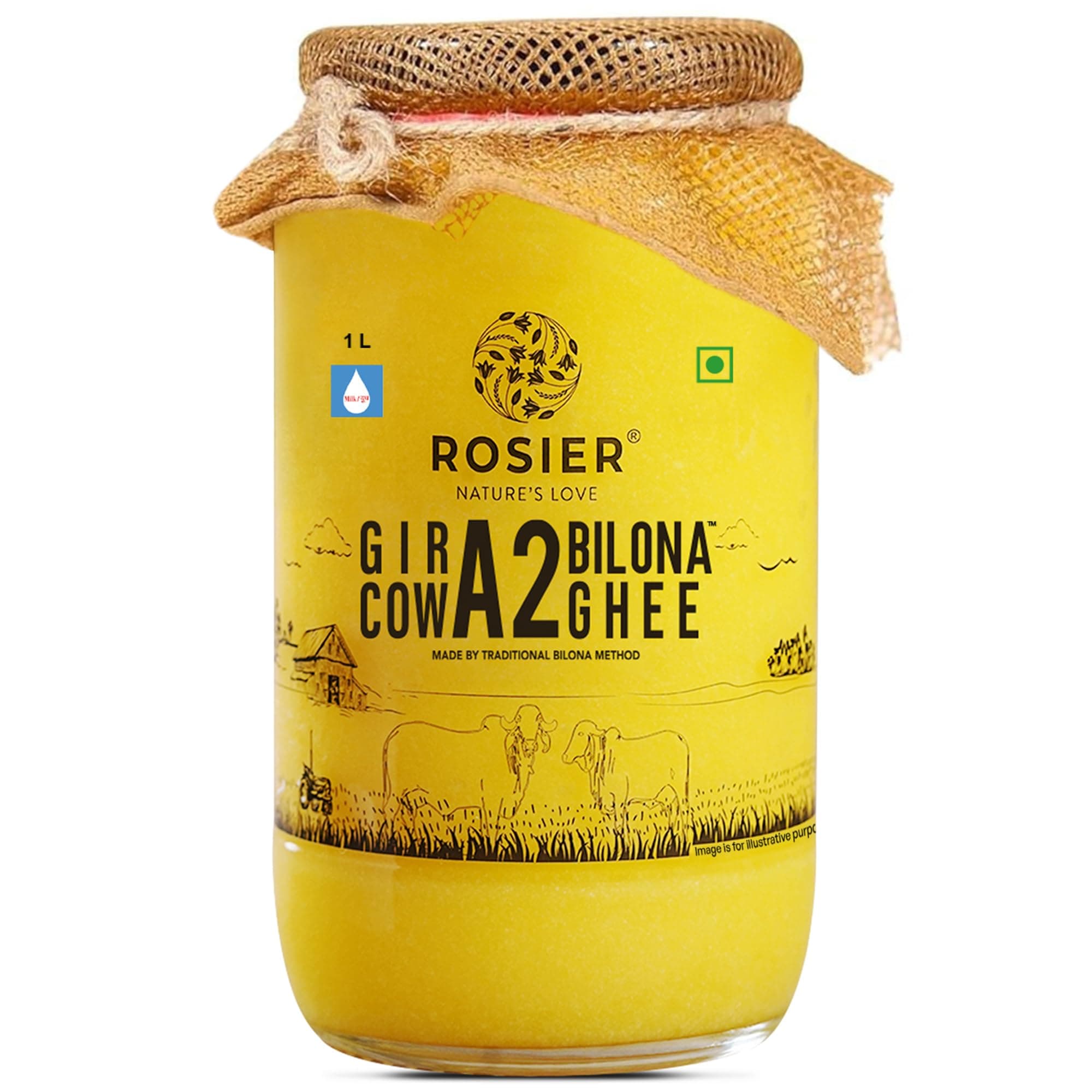 ROSIER A2 Gir Cow Ghee (1 litre) | Traditional Bilona Method A2 Gir Cow Ghee | Grassfed, Pure and Healthy Desi Cow Ghee (Glass Bottle - 1000 ML)