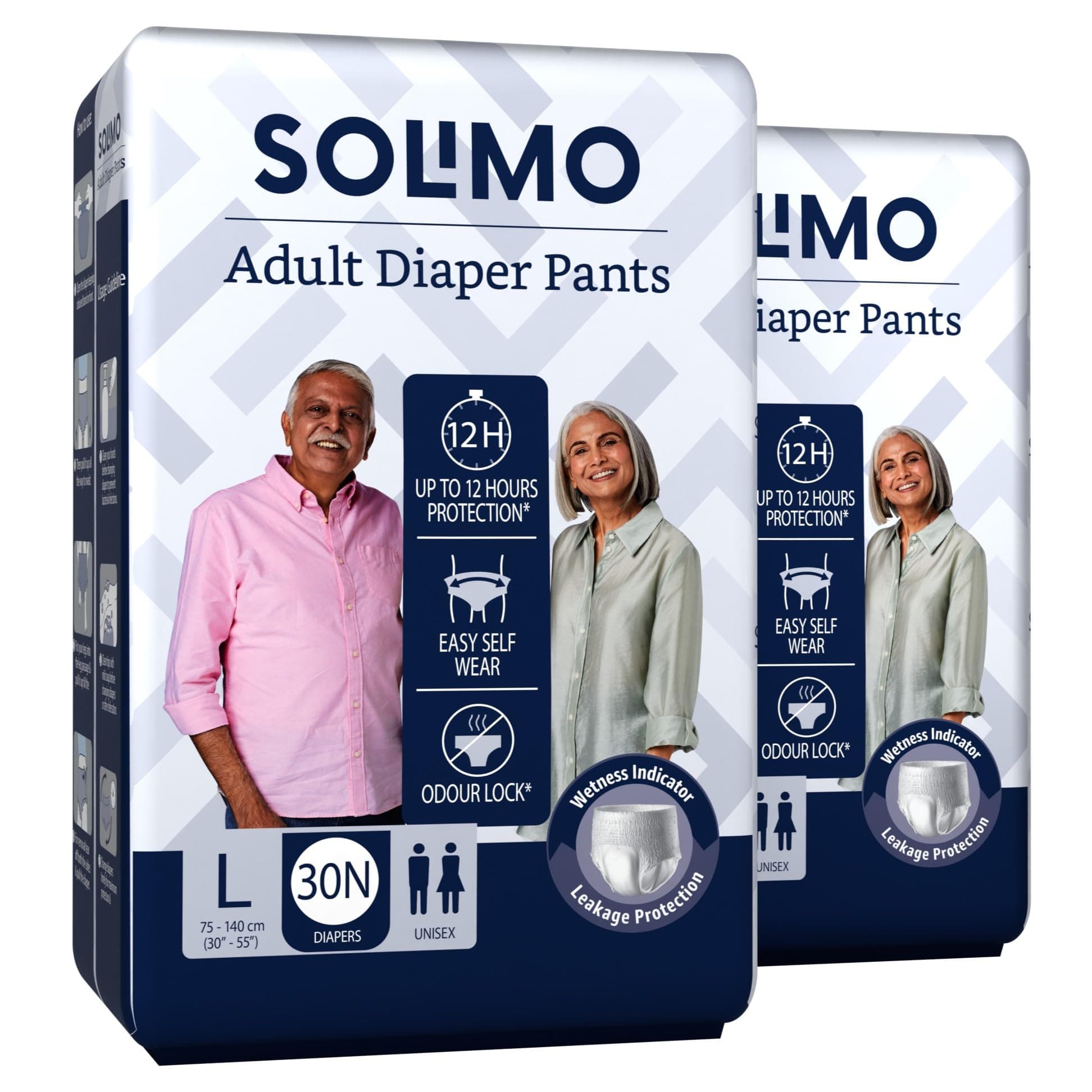 Amazon Brand - Solimo Adult Diapers, Pant Style | Pack of 60 | Large Size | Waist 30-55 in (75-140 cm) | Unisex | Quick Absorption | Leak Proof Upto 12 Hours | Odour Control | Wetness Indicator | For Men & Women