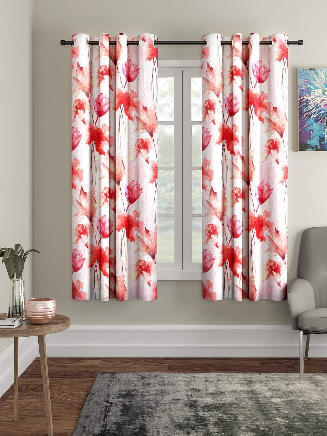Home Sizzler 2 Pieces Abstract Flower Eyelet Polyester Window Curtains - 5 Feet, Maroon