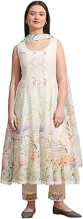 W for Woman Cream Floral Printed Kota Sleeveless Anarkali Kurta, Pants and Dupatta Set