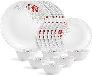 CELLO Scarlet Bliss Dazzle Series Opalware Dinner Set of 18 Pieces for Family of 6 | Bone-Ash Free & Leadfree Opal Glass, Microwave & Dishwasher Safe, Plates & Bowls Crockery Set for Dining & Gifting
