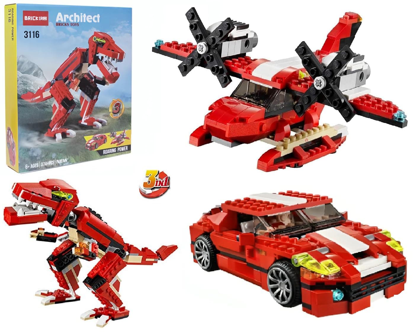 Umadiya Roaring Power Architect 3 in 1 Building Blocks Brick Set Dinosaur Aircraft Car Toy for Kids, Best Creativity Skills & Engineering Stem Educational Die Toys for Childrens, Set Of 1