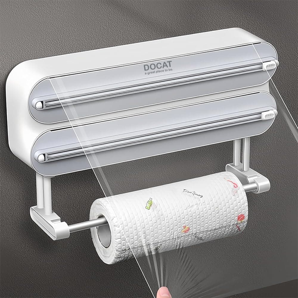 DOCAT Foil Paper Cutter and Holder, 3 in 1 Magnetic Aluminum Foil and Plastic Wrap Organizer with Paper Towel Holder, Compatible with Cling Film, Tin Foil and Wax Paper Dispenser (White)