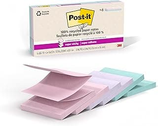 Post-It 100% Recycled Paper Super Sticky Notes, 2X The Sticking Power, 3x3 in, 6 Pads/Pack, 70 Sheets/Pad, Wanderlust Pastels Collection (R330R-6SSNRP)