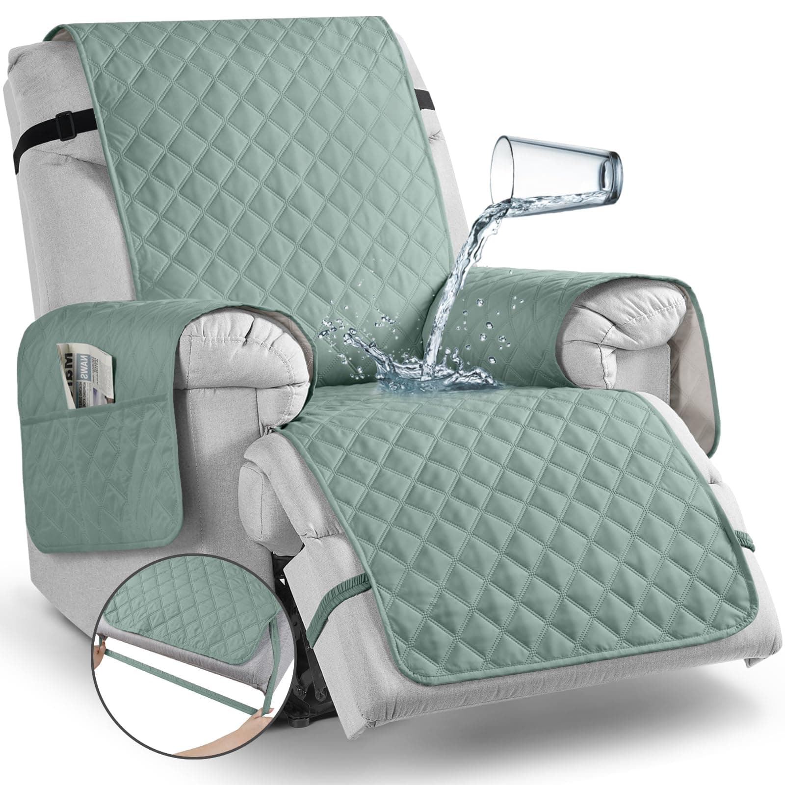 TAOCOCO Non-Slip Recliner Chair Cover, Sofa Slipcover, Pet Cover With Elastic Straps, Washable Furniture Protector for Large Recliner (28'' Oversized, Mint)