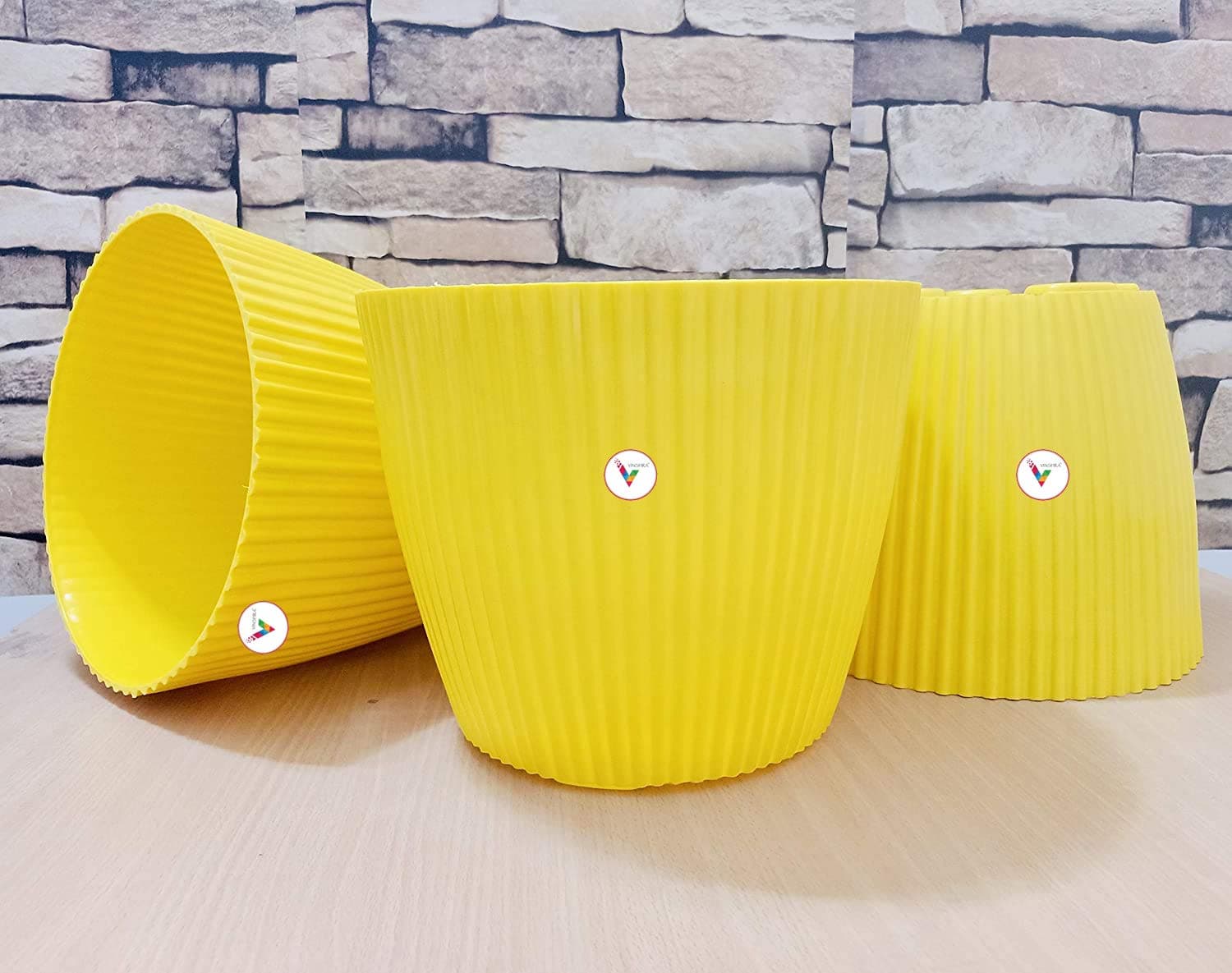 VINSHRA 11 Inch Yellow Mega Round Plastic Flower Pot Set of 3 / Planters Indoor & Outdoor Use Pot/for Terrace/Solid Uv Treated