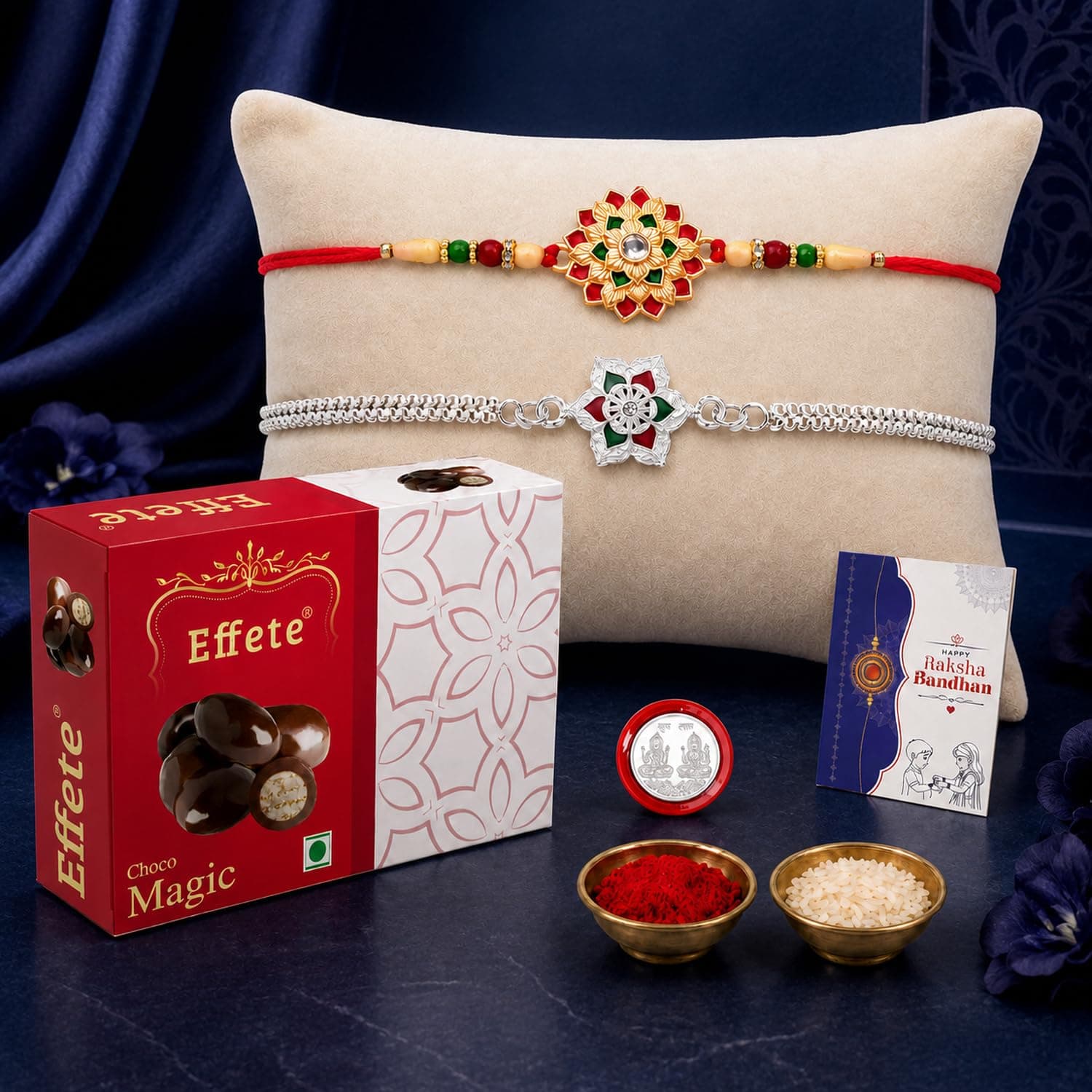 DeoDap Designer Rakhi Set of 2 for Brother – Gold Flower & Silver Colour Floral Design with Choco Magic Chocolate 32gm, Pooja Coin, Roli Chawal & Card | Rakhi with Chocolate Combo for Raksha Bandhan