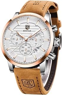 BENYAR Quartz Chronograph Waterproof White Dial Business and Sport Design Leather Band Strap Men's Wrist Watch