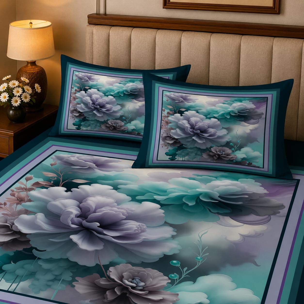 Homivya® 7D Digital Printed King Size Bedsheet with 2 Pillow Covers | Soft Premium Cotton Feel Microfiber Double Bed Bedsheet |Breathable,Wrinkle Free & Fade Resistant|(BlueFloral, KingSize-225x250CM)