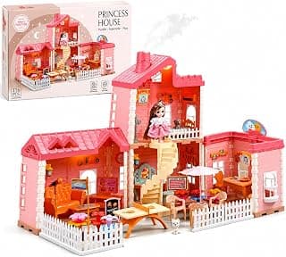 Princess Doll House Playset for Girls, 176 PCS DIY Dream House with Furniture, Dolls & Accessories, Spray Mist Chimney Function, Pretend Play Toy House for Kids Ages 3+ Years