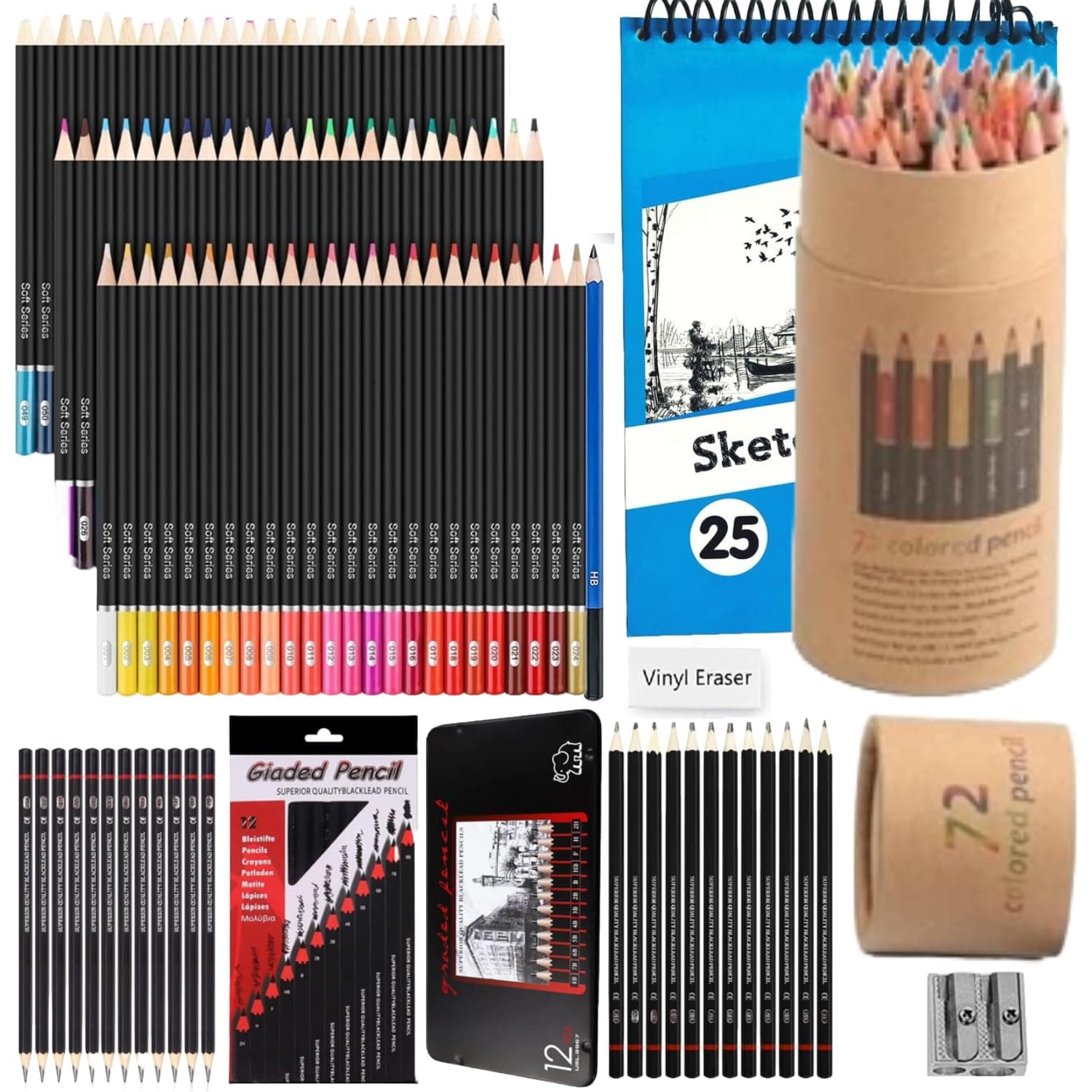 Corslet Set of 74 Pcs- 72pc Colour Pencil Set for Kids Pencil Colour & 24pc Drawing Set with 2 Different Packs of 12pc Art Supplies for Artist Sketch Pencil Set for Artists with A5 Sketchbook