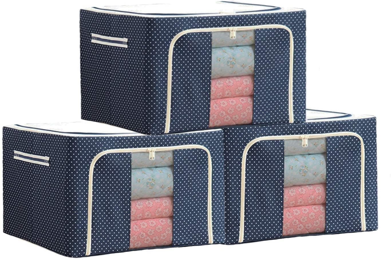 Raggle polycotton 3PCS Clothes Storage Organizer Bins, Foldable Storage Bins-Cloth Steel Frame Storage Box with Foldable Clear Window & Reinforced Handles 50 * 40 * 30CM (66l pack 3, Blue Dot)
