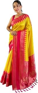 SGF11 Women's Kanjivaram Soft Silk Saree With Unstitched Blouse Piece (Yellow Pink)