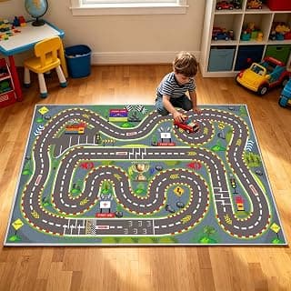 Kids Rug, Race Track Playmat Rugs 31×47 in Kids Carpet with Rubber Backing, Start and Finish line Racing Track Marking Car Road Race 3D Play Mat Nursery Rugs for Children Bedroom Playroom
