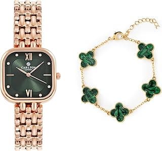 Carlton London Women Green Dial Watch and Bracelet | Stainless Steel, Premium, Stylish Analog Wrist Watch with Golden Strap & Bracelet Set, Elegant Quartz Timepiece | Water Resistant | Luxury Square Watch Gift Set