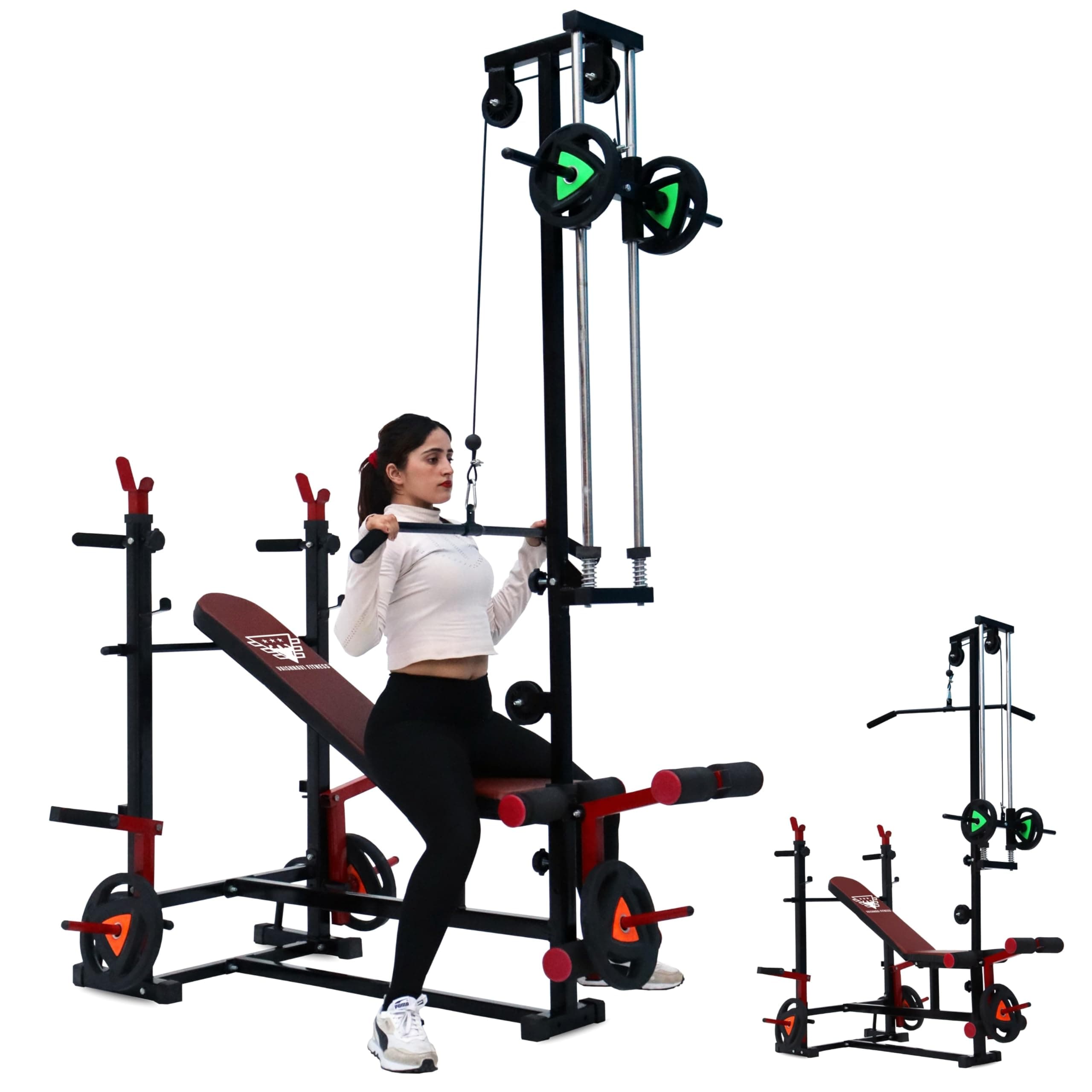 Vaishnavi Fitness: 20-in-1 Multipurpose Gym Bench Press Station for Home Gym | Full-Body Workout with LAT Pulldown, Leg Curl, Dip Bar & Adjustable Angles | Heavy-Duty Iron Frame, Red & Black