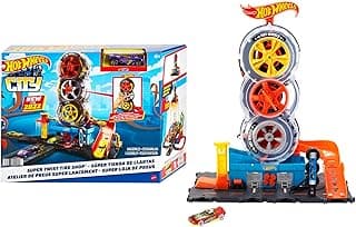 Hot Wheels City Super Twist Tire Shop™ Playset, Spin The Key to Make Cars Travel Through The Tires, Includes 1 Hot Wheels® Car, Gift for Kids 4 to 8 Years Old