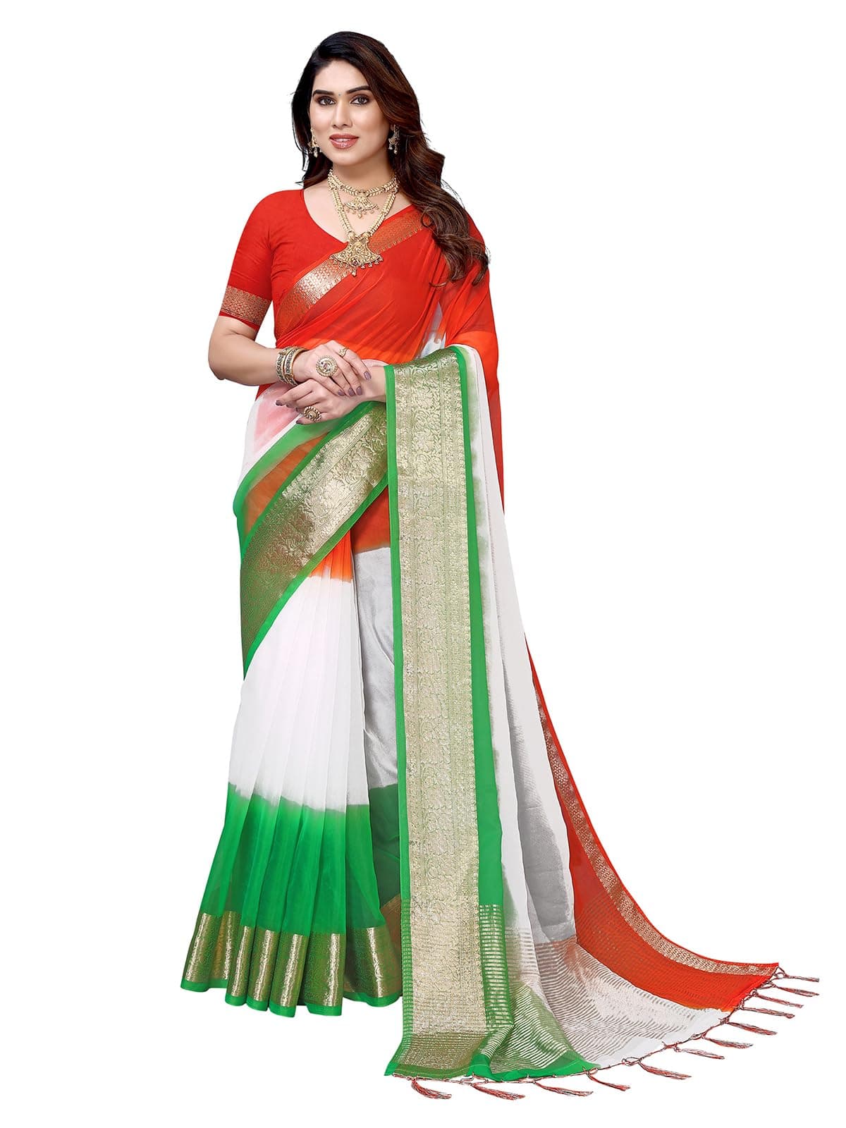 Satrani Women'S Zari Border Organza Saree With Unstitched Blouse Piece