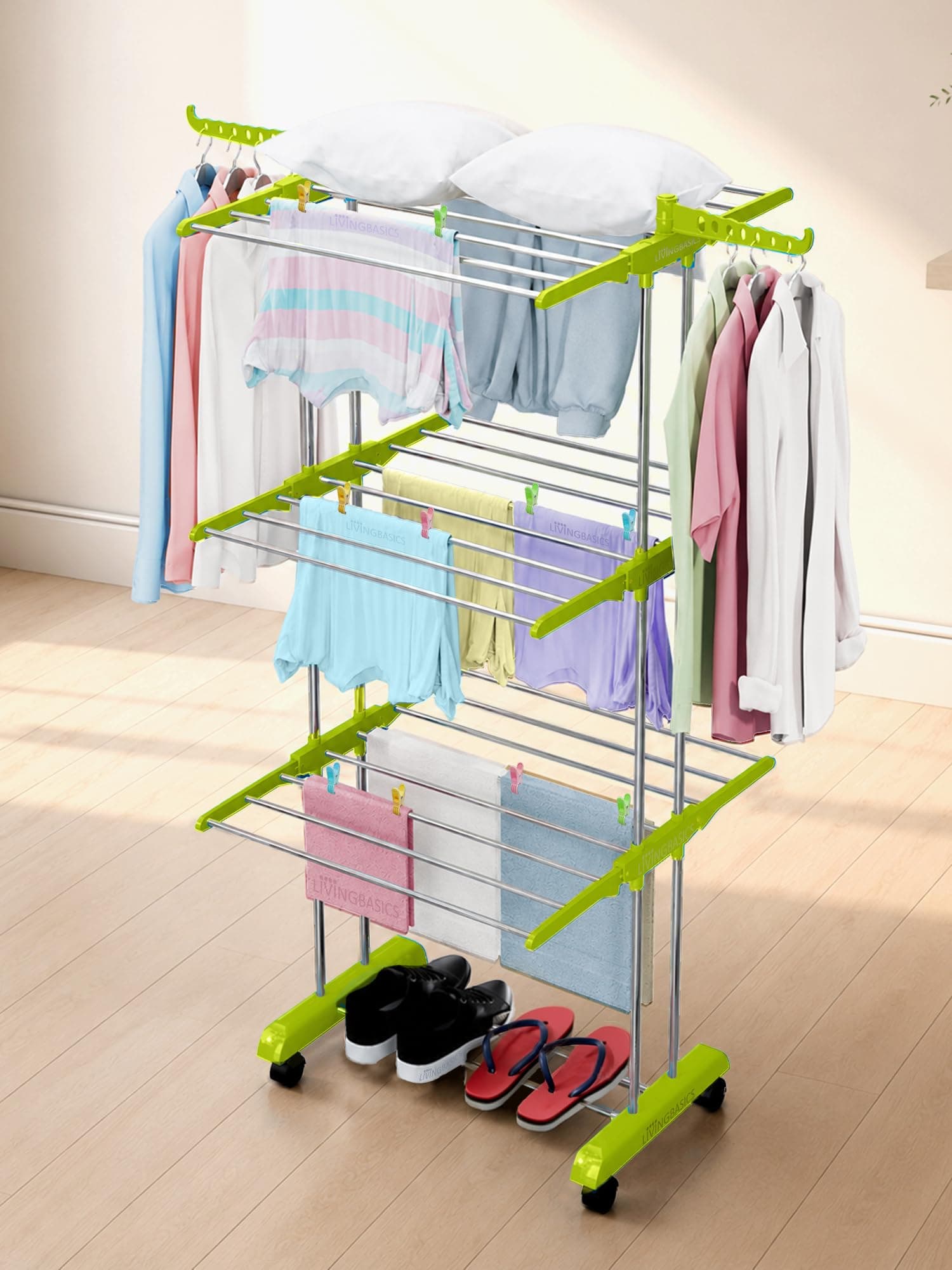 LIVINGBASICS 3 Layer Cloth Drying Stand, Lime Green +18 Rod Clips