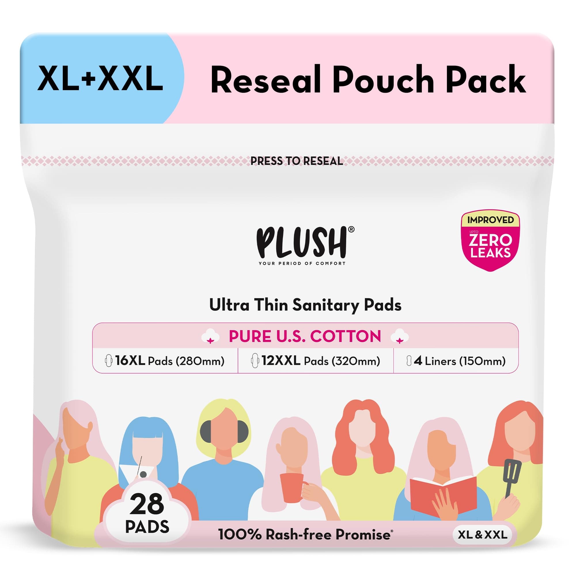 Plush Ultra-Thin Sanitary Pads for Women, 28 pcs (16 XL, 12 XXL & 4 Panty Liners) |Pure U.S. Cotton | Resealable SUPERSAVER Pack | No Fragrance or Toxic Chemicals