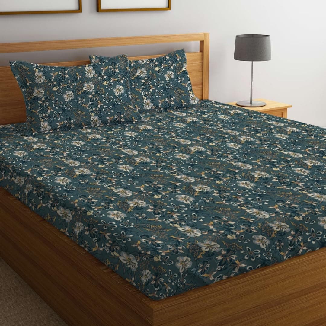 LOOMLYFE 300 TC Cotton Feel Glace Cotton Elastic Fitted Printed King Size Double Bed Bedsheet With 2 Pillow Covers Fits Upto 8 Inches Mattress, Size- 72X78 Inches, Peacocksunflower, Green