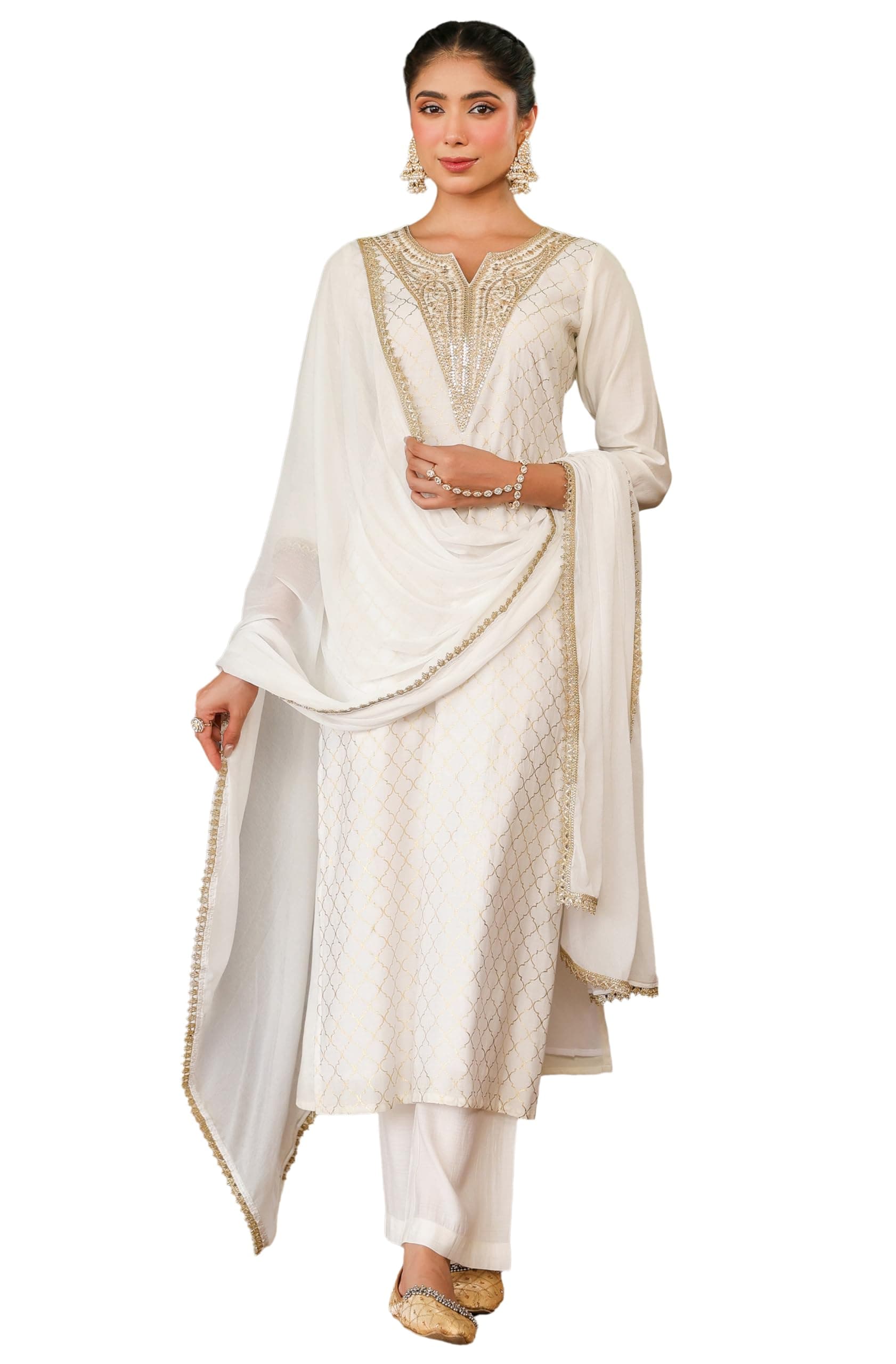 Janasya Women's Off White Chanderi Silk Gold Zari Yoke Embroidered Straight Kurta Set