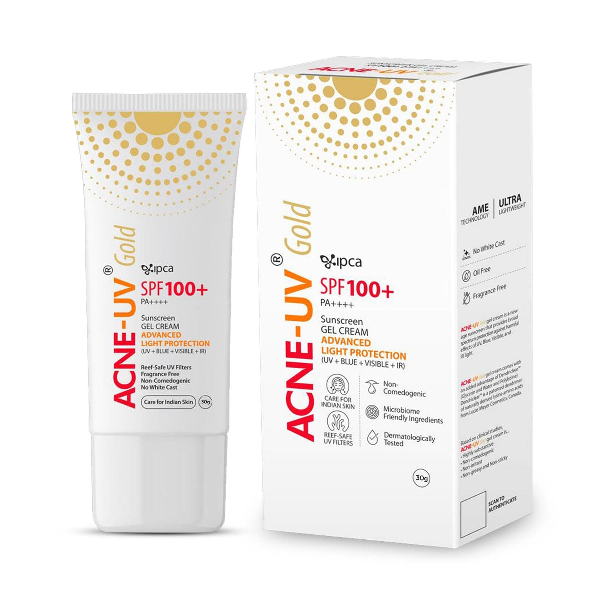 Ipca ACNE-UV GOLD Sunscreen SPF 100+ PA++++ | 30g Oil Free, Silicone Gel | Non Comedogenic Sunscreen | UVA/UVB Protection | Water Resistant | No White Cast | Suitable for All Skin Types
