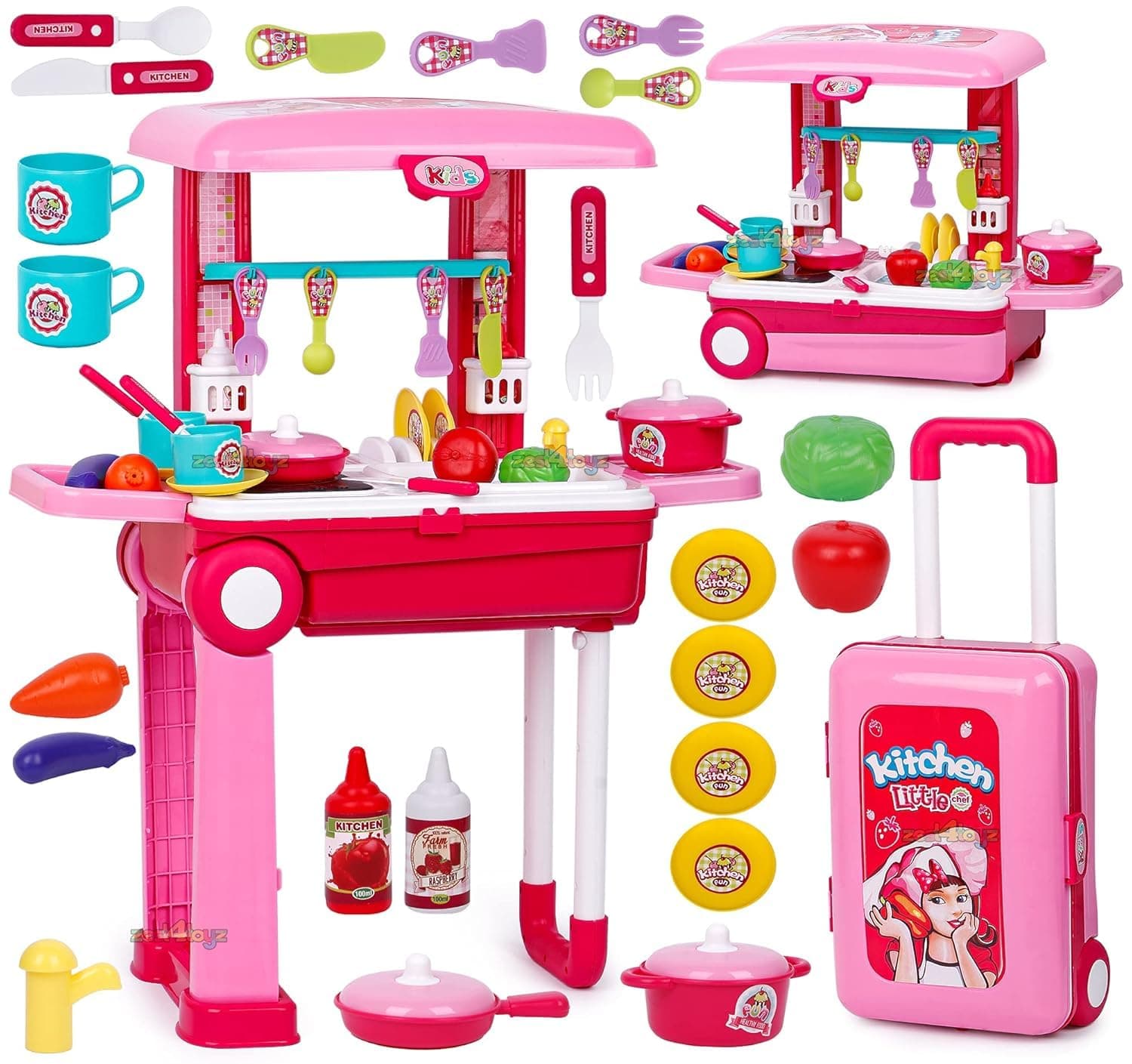 Zest 4 Toyz Kitchen Set for Girls | Light & Sound Portable Trolley 18 pcs Kitchen Toys for Girls | Big Cooking Set for Kids | Battery Operated Pretend Play Toys | Birthday Gifts for Kids - Pink