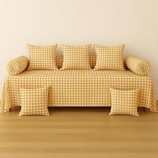 Diwan Set Covers | Diwan Bedsheet Set of 8 Pieces | Diwan Covers with 1 Single Bedsheet, 2 Bolster Cover, 5 Cushion Covers |100% Microfiber Diwan Set for Living Room Dining Hall (Orange)