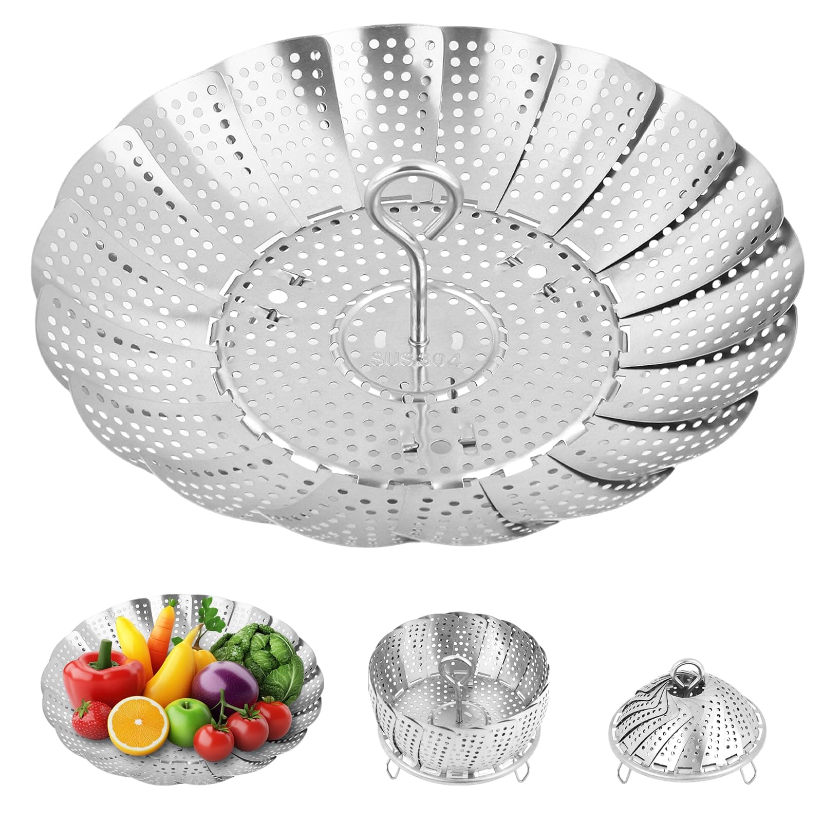 Vegetable Steamer Basket, 304 Stainless Steel Steamer Basket - 3rd Gen Folding Expandable Steamers (5.5“ to 9.5”), Suitable for Pot, Fish Vegetables Pasta Eggs