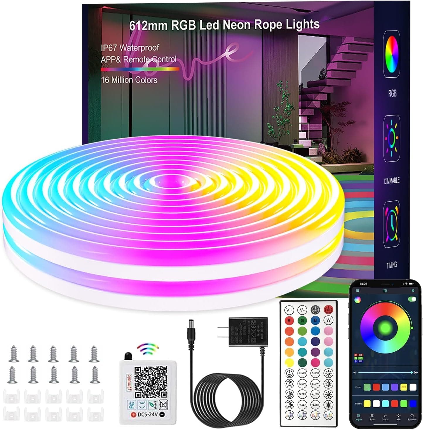 Nexillumi 5 Meter Neon Light Strip - RGB Smart LED Rope Light with App & Remote, Waterproof Indoor Outdoor Neon LED Strip Light for Room Decor, Gaming, Music Sync DIY Neon Sign Board.